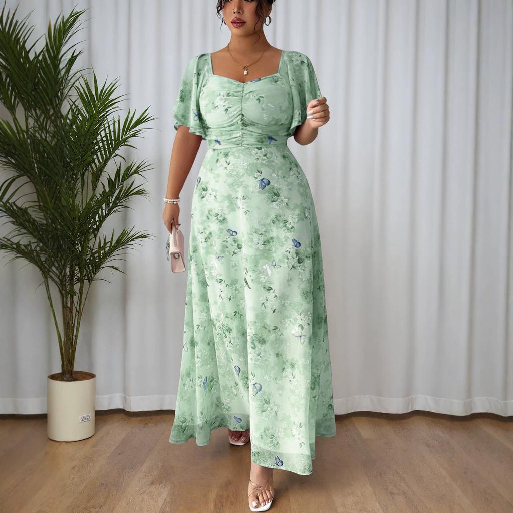 Women Plus Size Butterfly Floral Maxi Dress Square Neck Ruched Bust Boho Wedding Guest