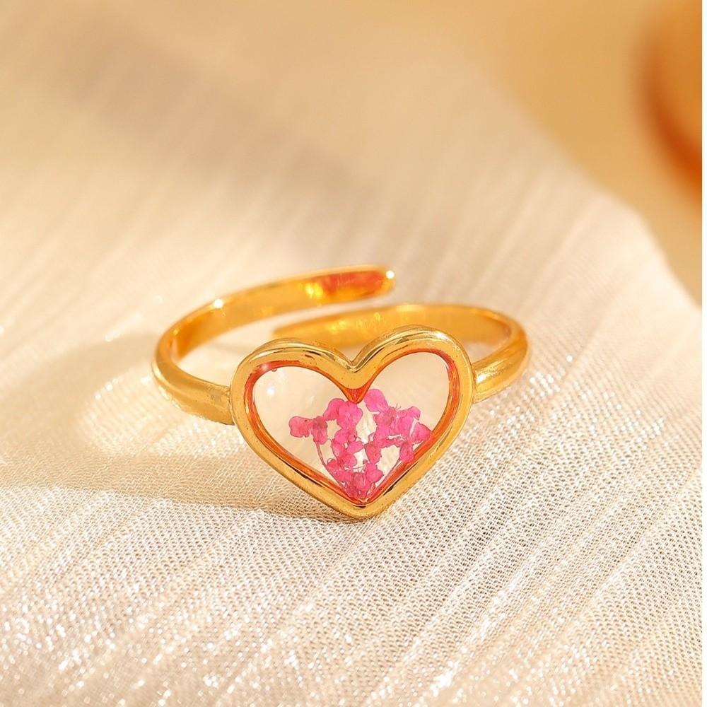 Trend Stainless Steel Geometric Ring Heart Shaped Inlaid Flower Flower Ring Oval Shape Open Ring Jewelry Gift