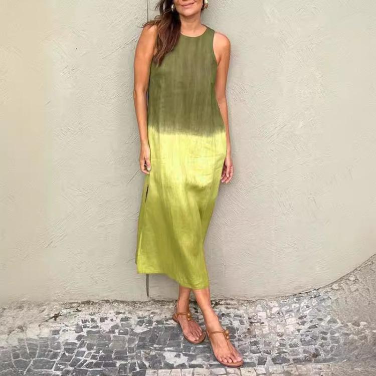 Women's Summer Loose-Fit Casual Cotton-Linen Sleeveless A-Line Skirt with Side Slit An Elegant Gradient Dress