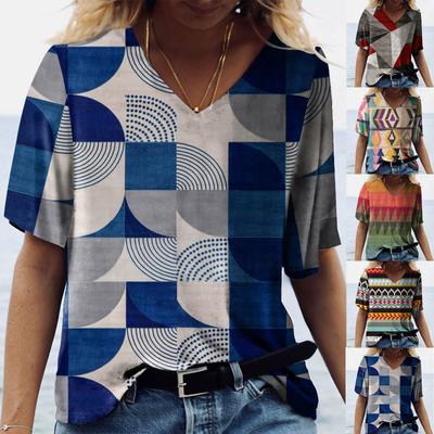 Fashion Women Casual Top Printing V-neck Loose Short-sleeved T-shirt