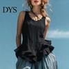 Relaxed Fit Women Blouse Tops Solid Color Loose Breathable Casual Soft Fabric Shirt O-Neck Sleeveless Ruffle Splicing Hem Summer Vest Daily