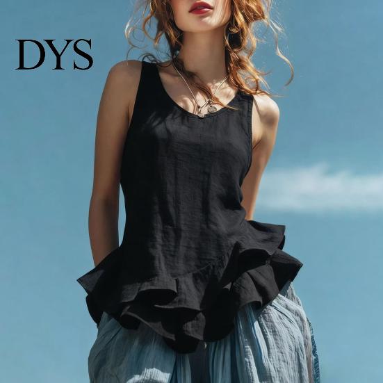 Relaxed Fit Women Blouse Tops Solid Color Loose Breathable Casual Soft Fabric Shirt O-Neck Sleeveless Ruffle Splicing Hem Summer Vest Daily