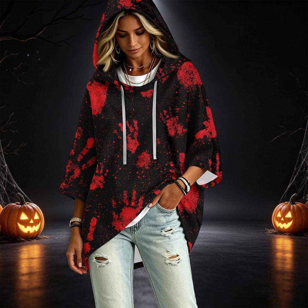 Damen Freizeit 3/4 Ärmel Halloween Print Kapuzen Pullover Top für den Herbst
