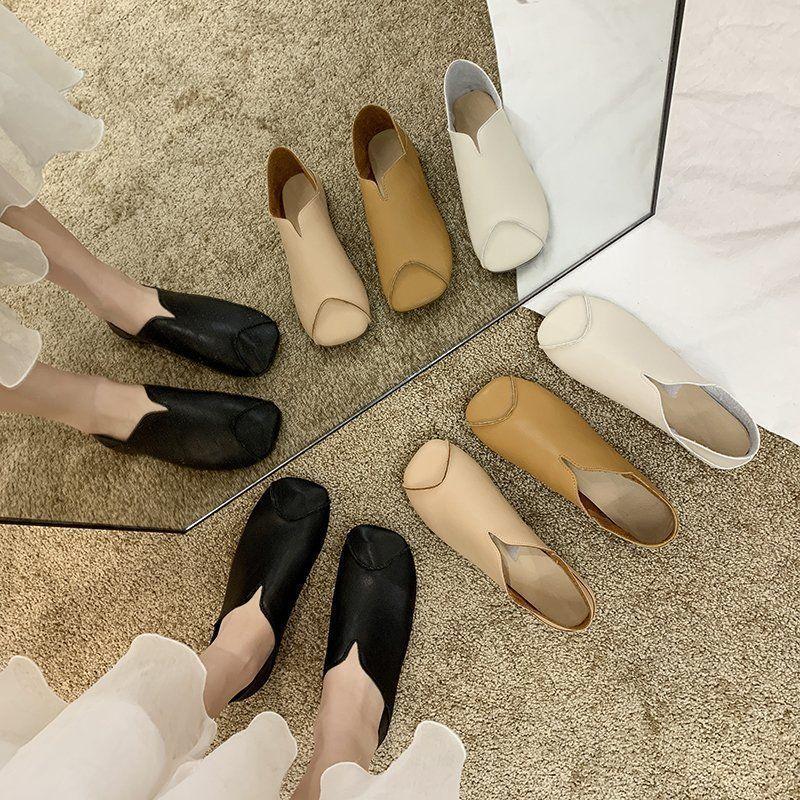 Shoes Womens Square Soft Leather Head Lightweight Wearresistant Antislip Autumn Flat Shoes Soft Sole Easy To Wear Pure Color Versatile Shoes