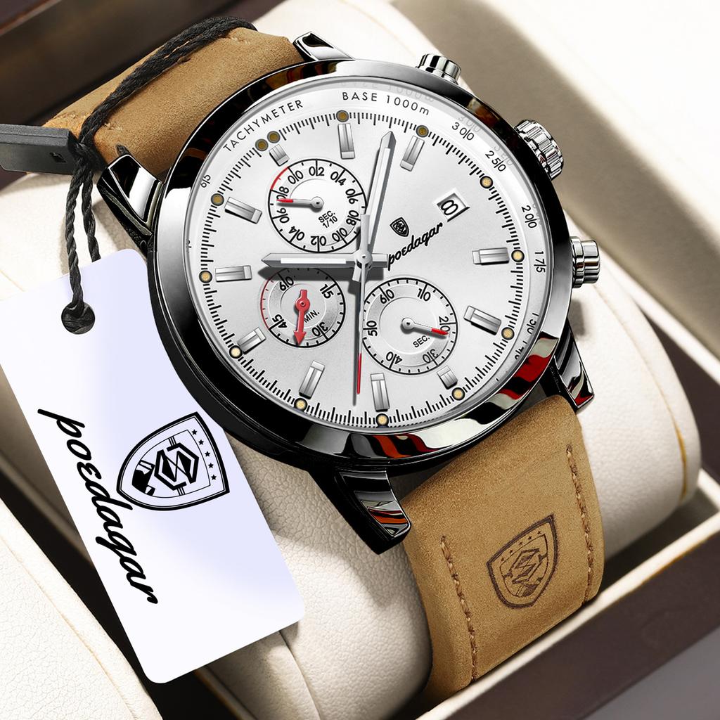 POEDAGAR Functional Luxury Man Wristwatch Date Waterproof Luminous Chronograph Men Watch Male Leather Quartz Watches