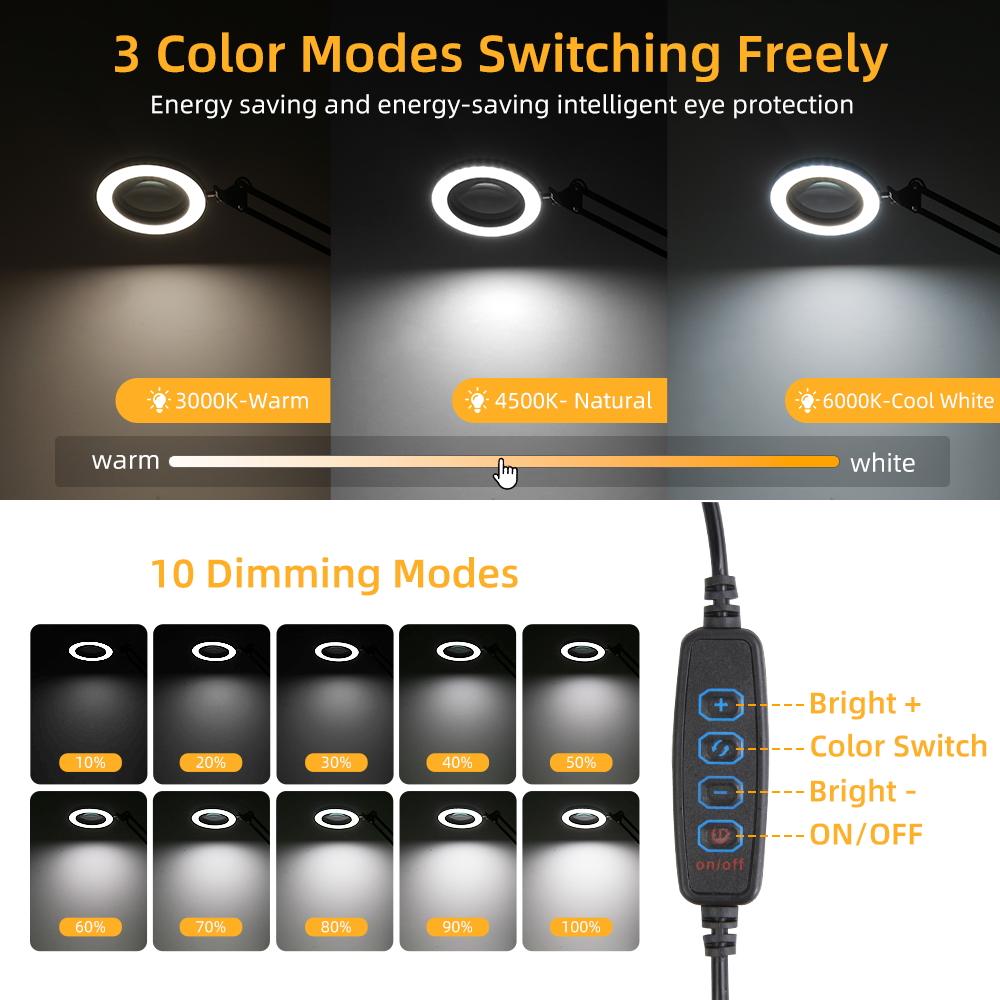 LED Desk Lamp with Magnifier Dimmable Eye-Care USB Reading Light for Work Repair Skincare Beauty Memory Function Led Table Lamp