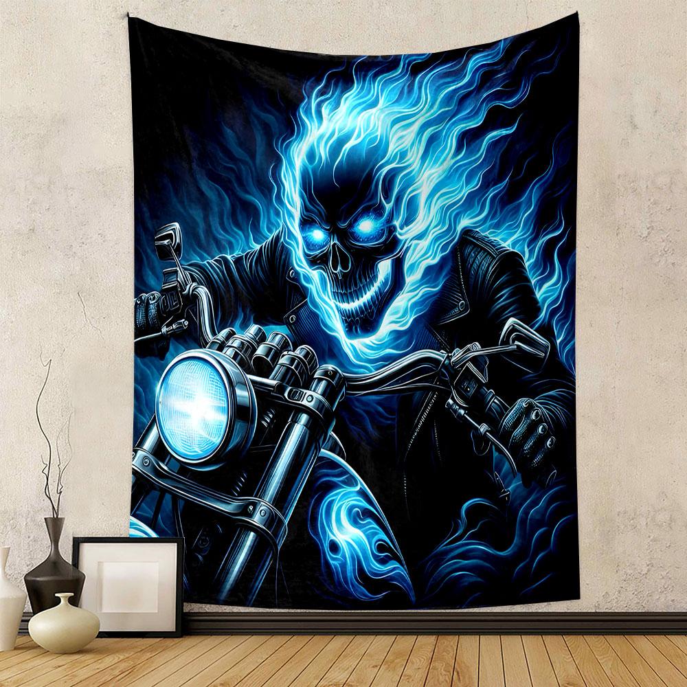 "Flaming Skull Rider on Motorcycle" Patterned Tapestry Decorative Wall Hanging, Home Bedroom Living Room Decor