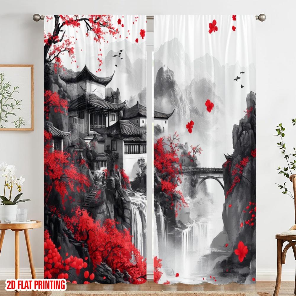 2pcs,2D Plane Printing Curtains Mountain Serenity Versatile Fabric (without Rod) Home Decor Ldeal for Kitchen Living Room Office
