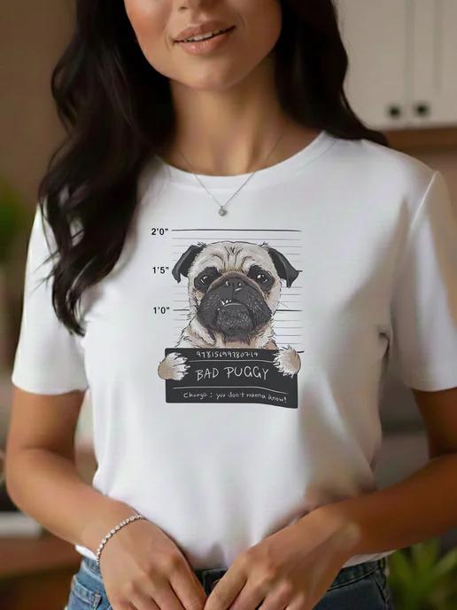 T-shirt with a hooligan dog print of the Pug breed for summer S