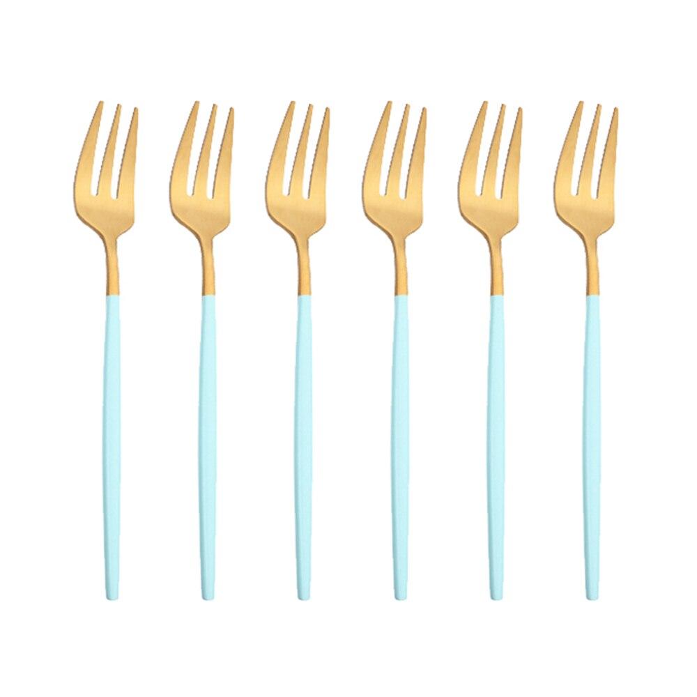 

6 шт. вилка для фруктов из нержавеющей стали, вилки для торта, красочная чайная вилка, набор столовой посуды, принадлежности для отеля, вечеринки, ресторана, небольшой набор вилок золотой/светло-синий