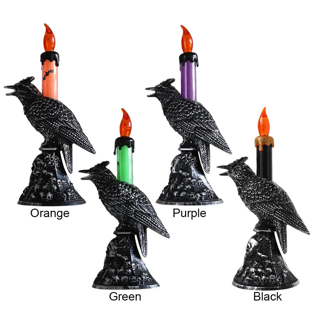Schwarze Krähenstatue Leuchtender Kerzenständer LED-Kerzen Batteriebetriebene Kerzen Halloween Heimdekorationen Tischlampe
