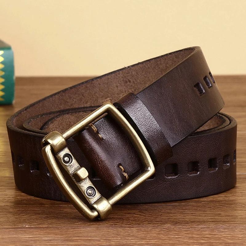 

3.8cm Smooth Pin Buckle Belt Male High Quality Genuine Leather Belts Pure Copper Cowhide Youth Cowboy Vintage Jeans Belt 125cm кавовий