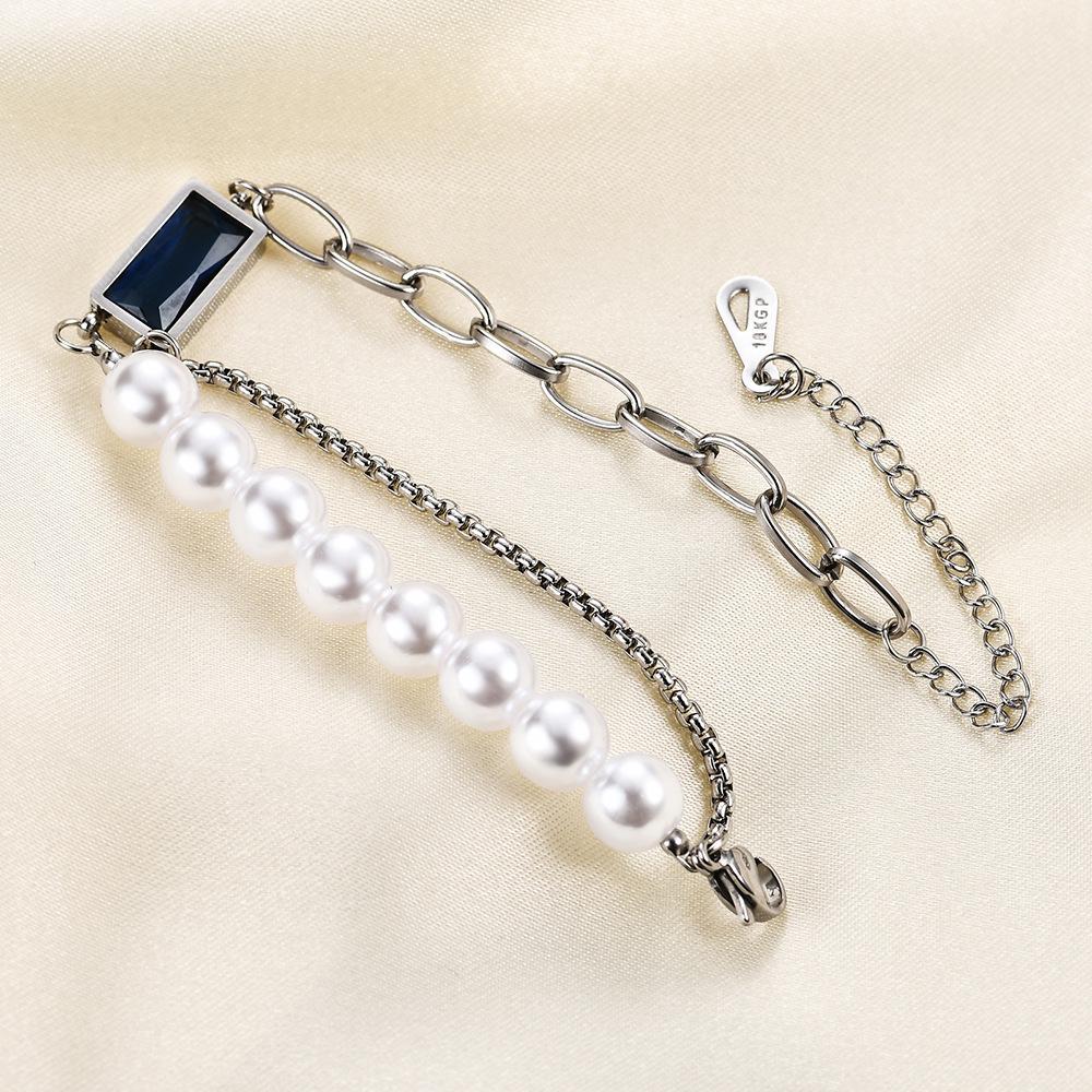 European-American Creative Rectangle Sapphire Pearl Chain Bracelet for Women
