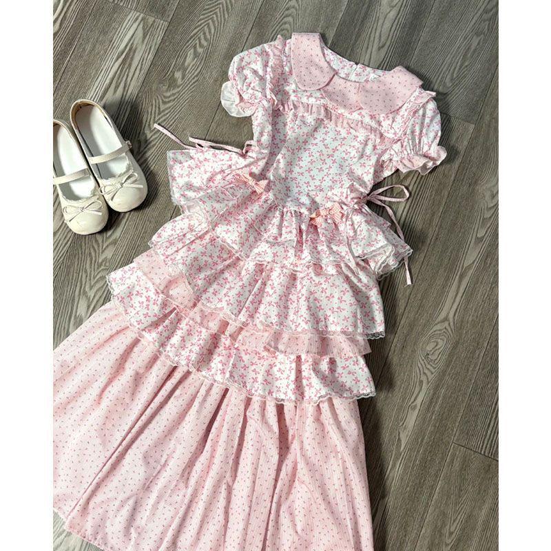 Retro Japanisches Süßes Rosa Puppenkragen Kurzarm Oberteil & Kuchenrock Set für Damen - Sommerkollektion