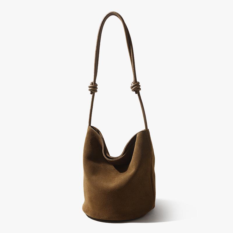 High-Mercerized Matte Cowhide Drawstring Bucket Bag - Retro Commuter Style Genuine Leather Women's Handbag with Large Capacity