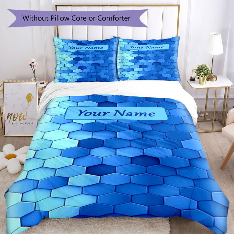 3PC Custom Name Blue Hexagon Bedding Set Duvet Cover Closure Includes 1 Duvet Cover & 2 Pillowcases for Bedroom