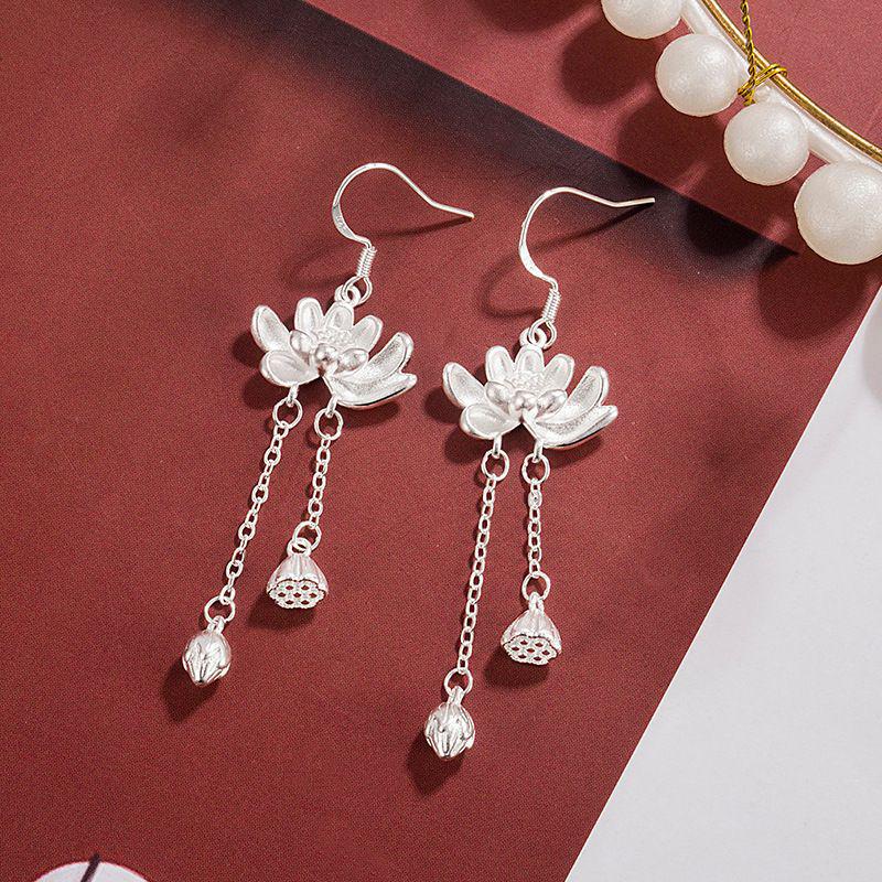 Elegant Chinese Lotus Tassel Earrings - Vintage Long Dangle Style for Women