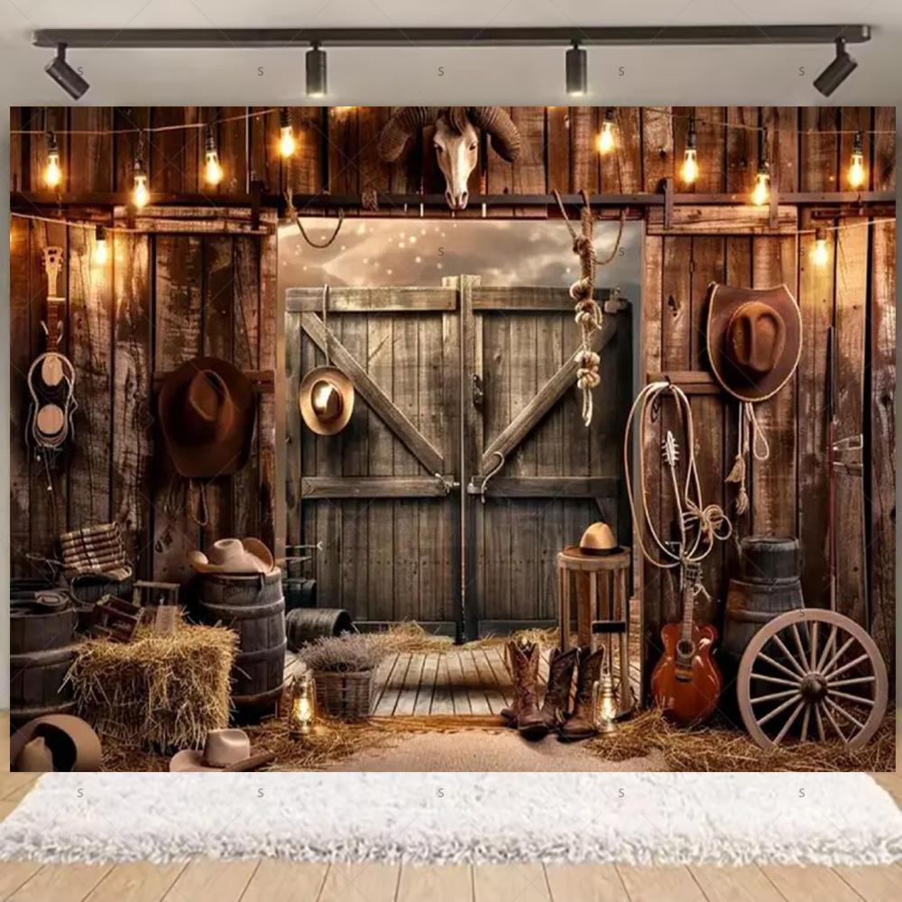 Western Cowboy Photography Backdrop Rustic Farm Barn Haystack Wood House Horse Wheel Background Party Decor Photo Shoot Props