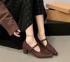 New Pointed High-heeled Retro Mary Jane Shoes Suede French Skirt 2025 Single Shoes Women's Shoes Thick Heel with Autumn