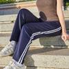 Unisex Dark Blue Straight-Leg School Uniform Pants with Double White Stripes, Ideal for Spring and Autumn.