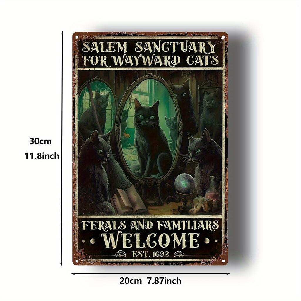 1pc Gothic Black Cat & Magic Mirror Metal Wall Art Rustic Iron Decorative Plaque with "Salem Sanctuary for Wayward Cats" Text