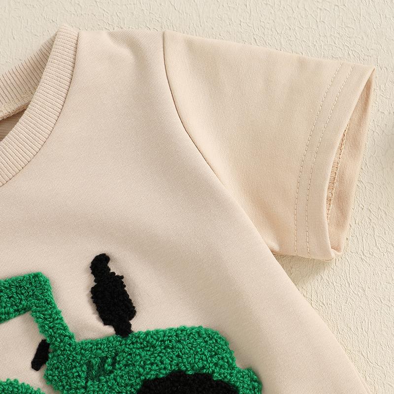 Tenues d'été pour garçons T-shirts à col rond et manches courtes brodés de camions Short à taille élastique Ensemble de 2 pièces