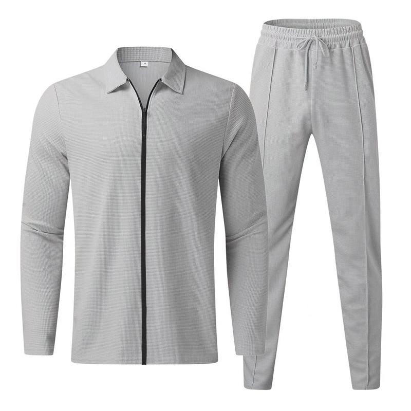 Autumn 2025 Men's Waffle Knit Long Sleeve Zip Cardigan & Turn-Down Collar Casual Sports Set