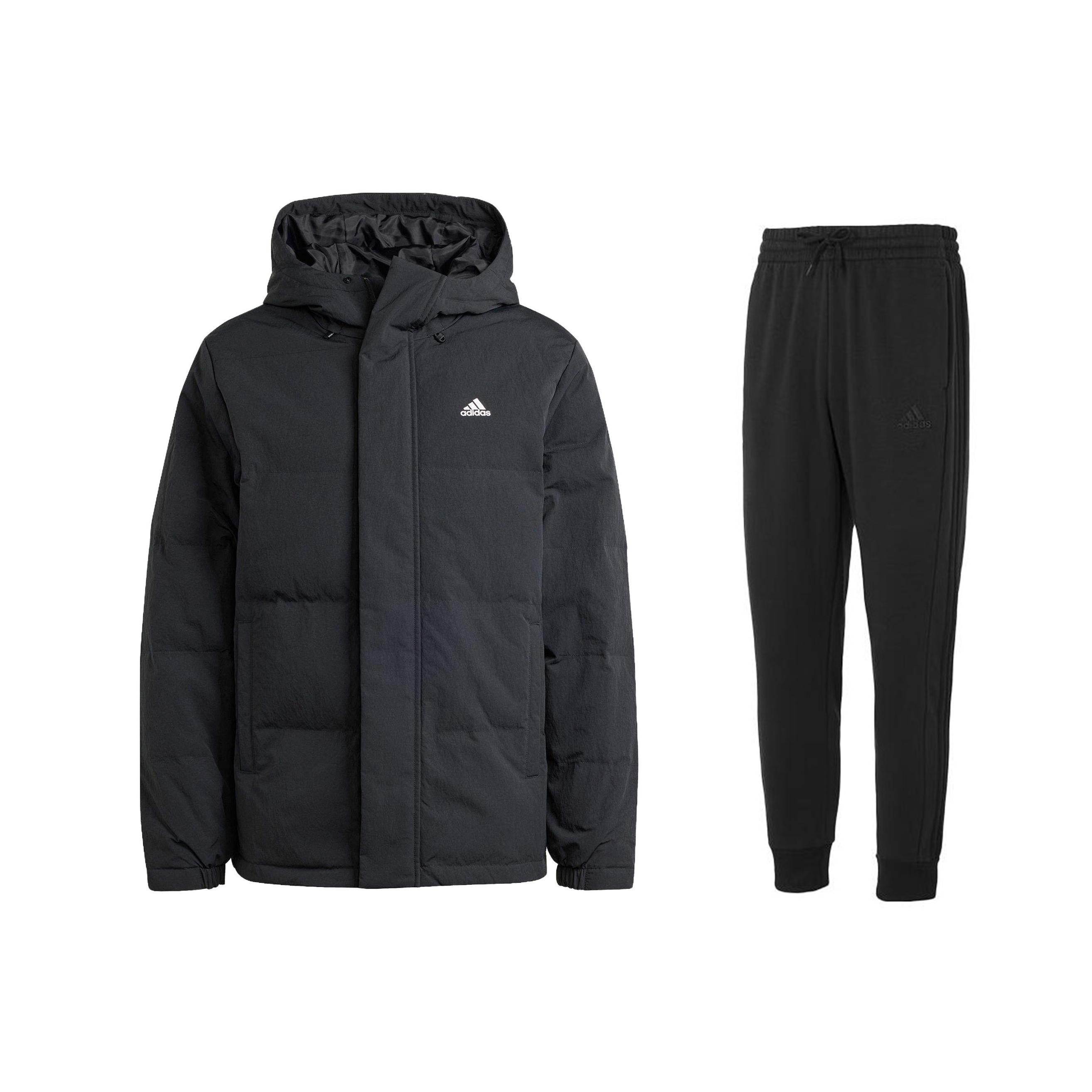 

Adidas Теплая куртка-пуховик с длинными рукавами и капюшоном, флисовые штаны с манжетами на шнурке, повседневный спортивный костюм, мужской костюм черного цвета IZ4883+IJ8885 S