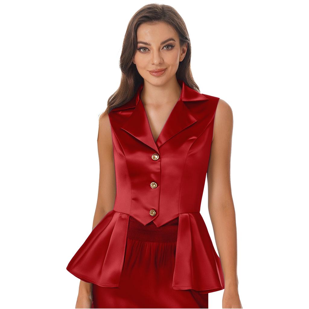 Damski kamizelka w stylu wiktoriańskim z kołnierzykiem wykładanym, bez rękawów, zapinana na guziki z przodu, z asymetrycznym falbankowym dołem, kurtka top