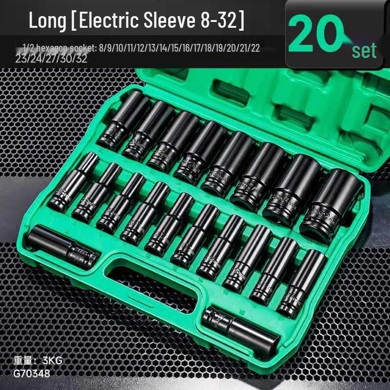 Extended Electric Socket Wrench Set with Large, Medium & Small Hexagonal Air Gun Heads for Auto Repair