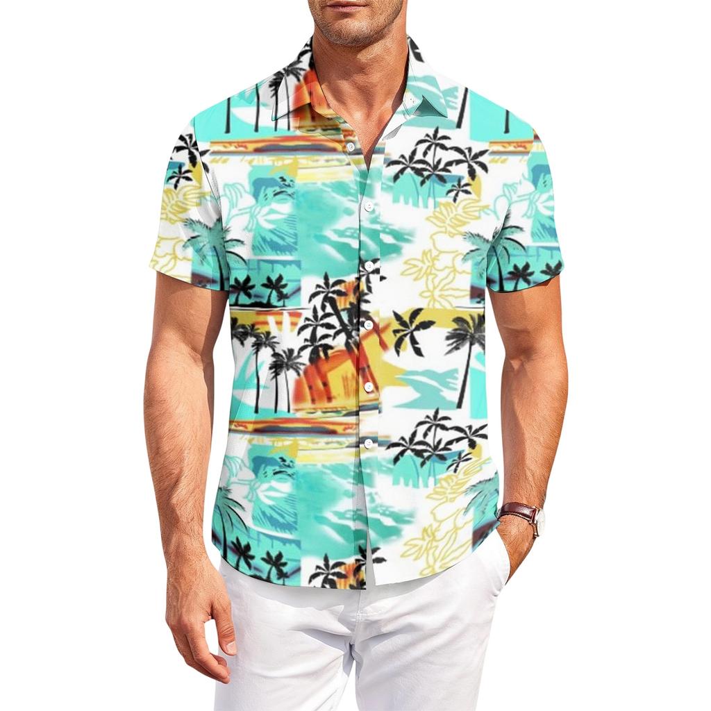 Men’s Hawaiian Print Casual Outdoor Short Sleeve Shirt with Turn Down Collar Relaxed Fit Suitable for Summer Activities