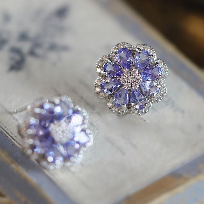 Sterling Tanzanite Flower Stud Earrings Women Hypoallergenic Daily Wear Elegant Minimalist Jewelry