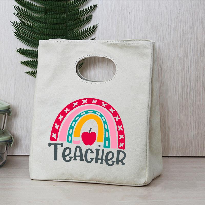 Rainbow Teacher Print Portable Lunch Box Bags Thermal Insulated Bento Tote Office School Food Cooler Storage Pouch Teacher Gifts