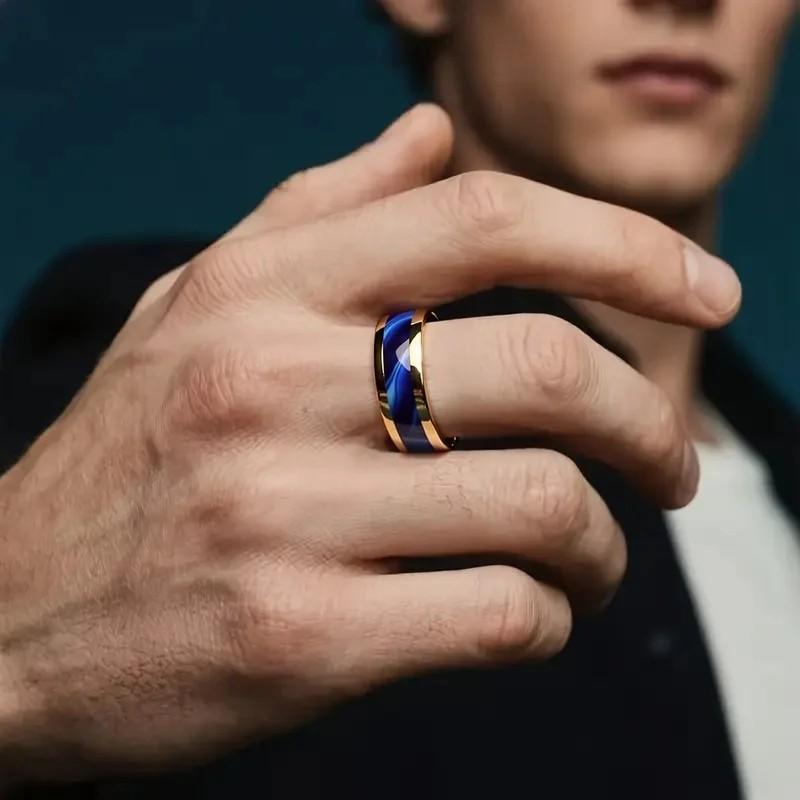 S kroužky s výplní z mušle abalone v modré barvě Módní 8mm Zlatá barva Pánský prsten z nerezové oceli pro muže Ženy Svatba Šperky Velkoobchodní prodej