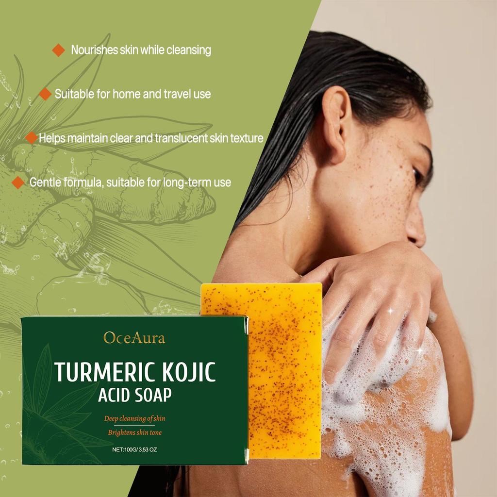 Rozjasňující mýdlo s kurkumou a kyselinou kojovou Odstraňovač tmavých skvrn Hloubkově čisticí Hydratační Sjednocuje tón pleti Ručně vyráběné mýdlo Péče o pleť