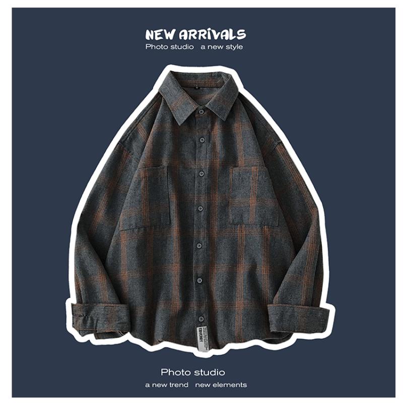2023 New Men's Clothing Shirt Long Sleeve Square Collar Spring Autumn Loose Fashion Casual Plaid All-match Button Tops