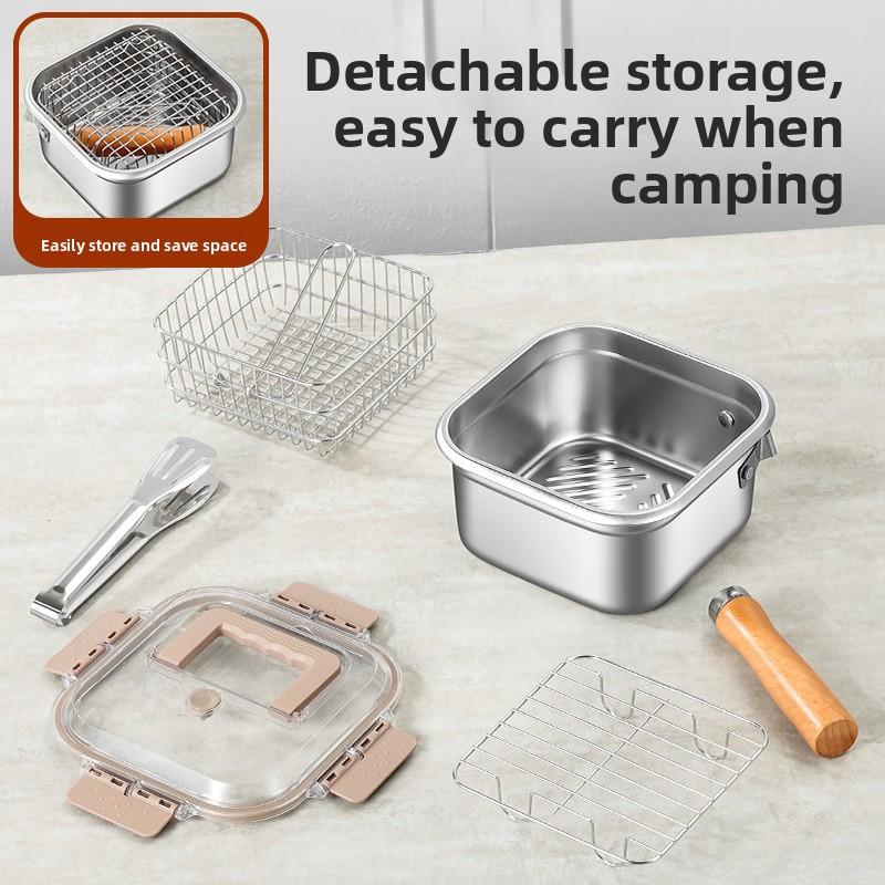 Stainless Steel Square Fryer Household Milk Pot Noodle Pot Outdoor Portable Tempura Fryer Preservation Box FryerMulti-functional