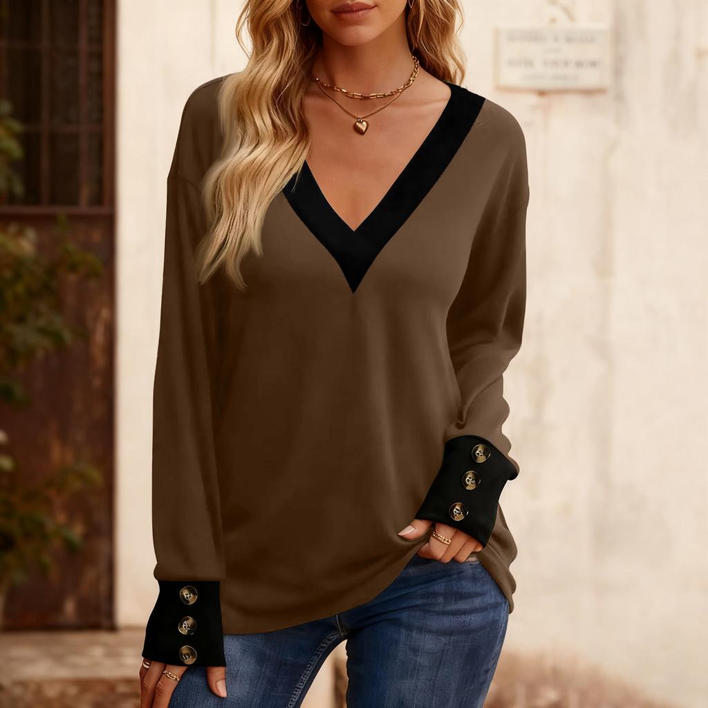 Women's Fashion Plus V-neck Button Up Long Sleeved Color Blocked Pullover T-shirt Top