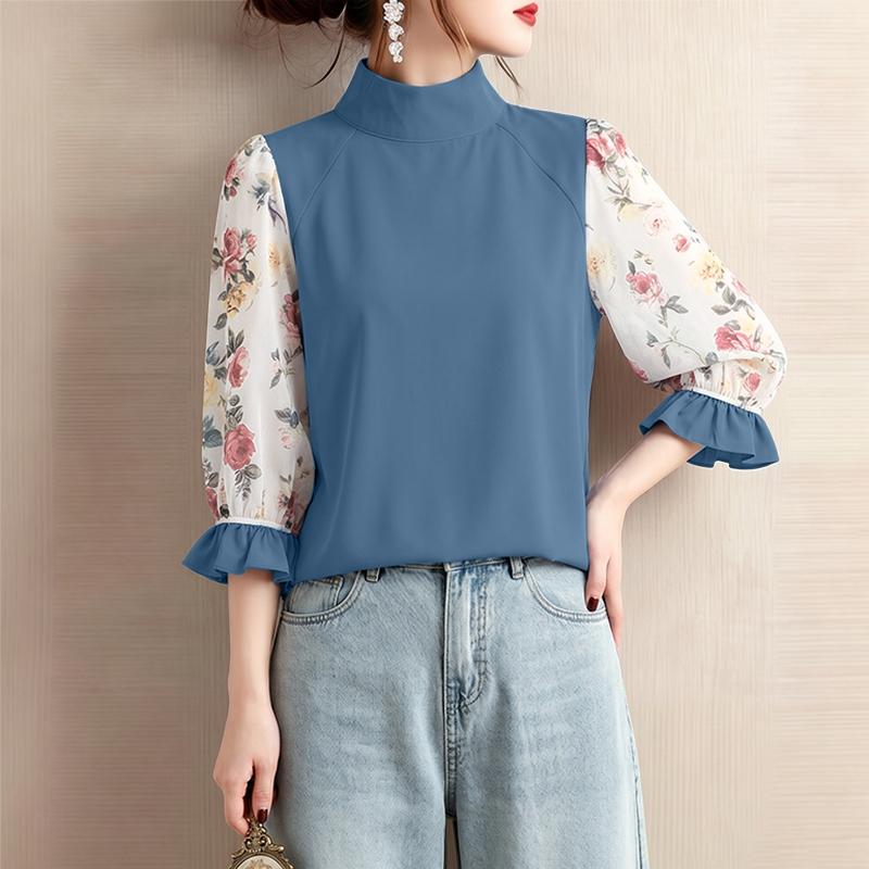 ZANZEA Women Stand Collar Floral Print Splice 3/4 Sleeve Blouse M синий