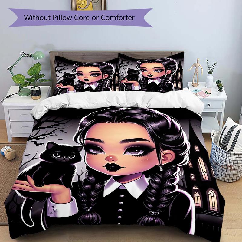 

3pcs Dark Elegance Addams Printed Duvet Cover Set (1 * Cover+2 * Pillowcase, Without Core), Suitable for Home Bedroom, Guest Room, Dormitory Deco 135x200cm