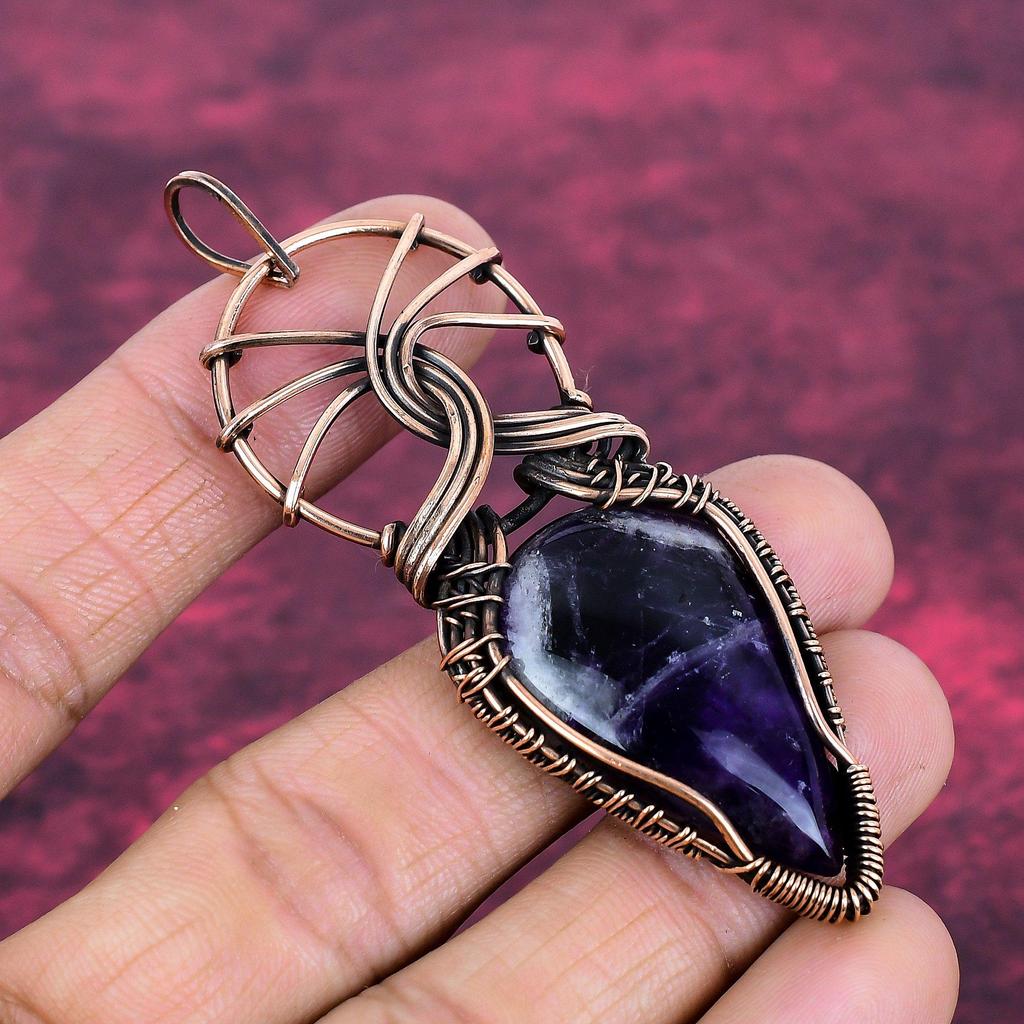 Chevron Amethyst Gemstone Pendant Handmade Pendant Copper Wire Wrapped Jewelry
