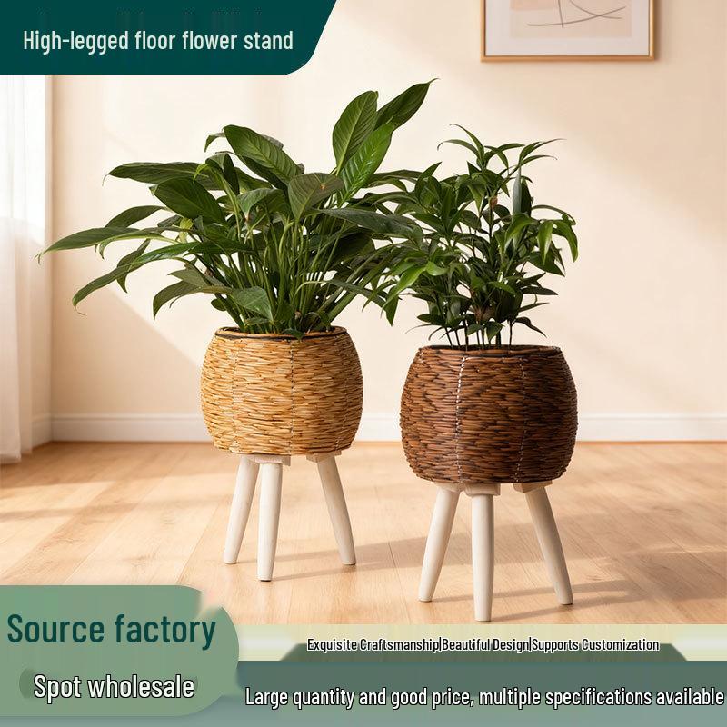 Triangular Faux Rattan Flower Stand - Desktop Succulent Holder and Decorative Straw Woven Pot