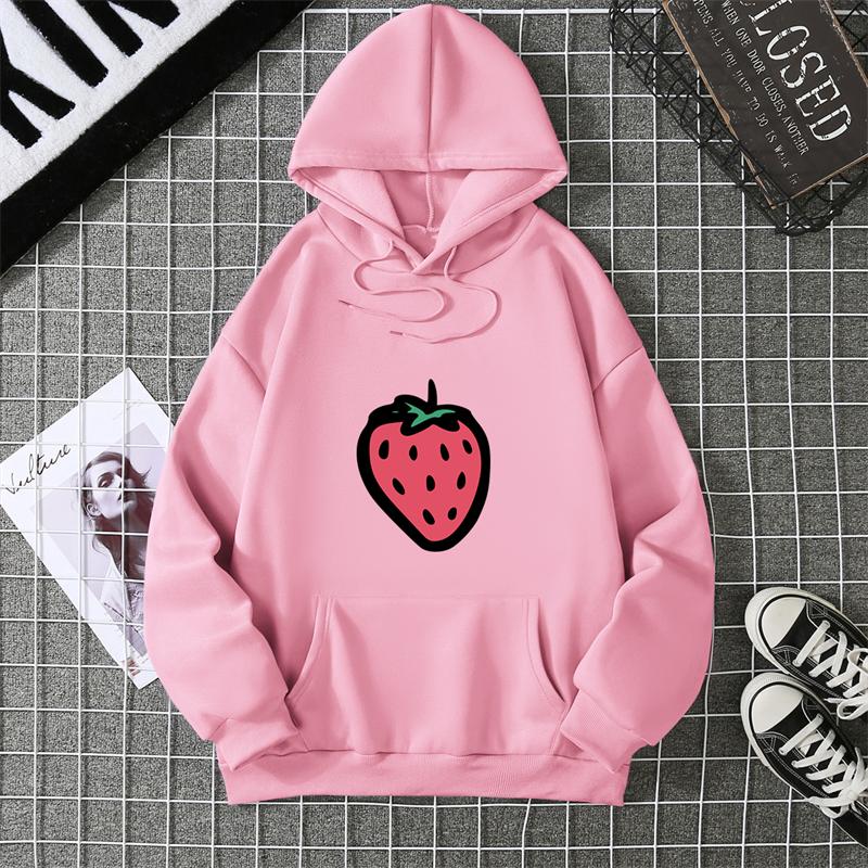 Hooded Sweatshirt Strawberry Cartoon Print Street Fashion Model Wearing Black White Unisex Casual Hoodie