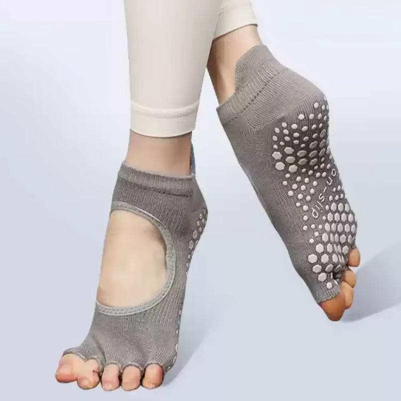 Silicone Non-slip Yoga Socks Women Backless Breathable Toeless Floor Pilates Socks Five-finger Indoor Workout Dance Sports Socks