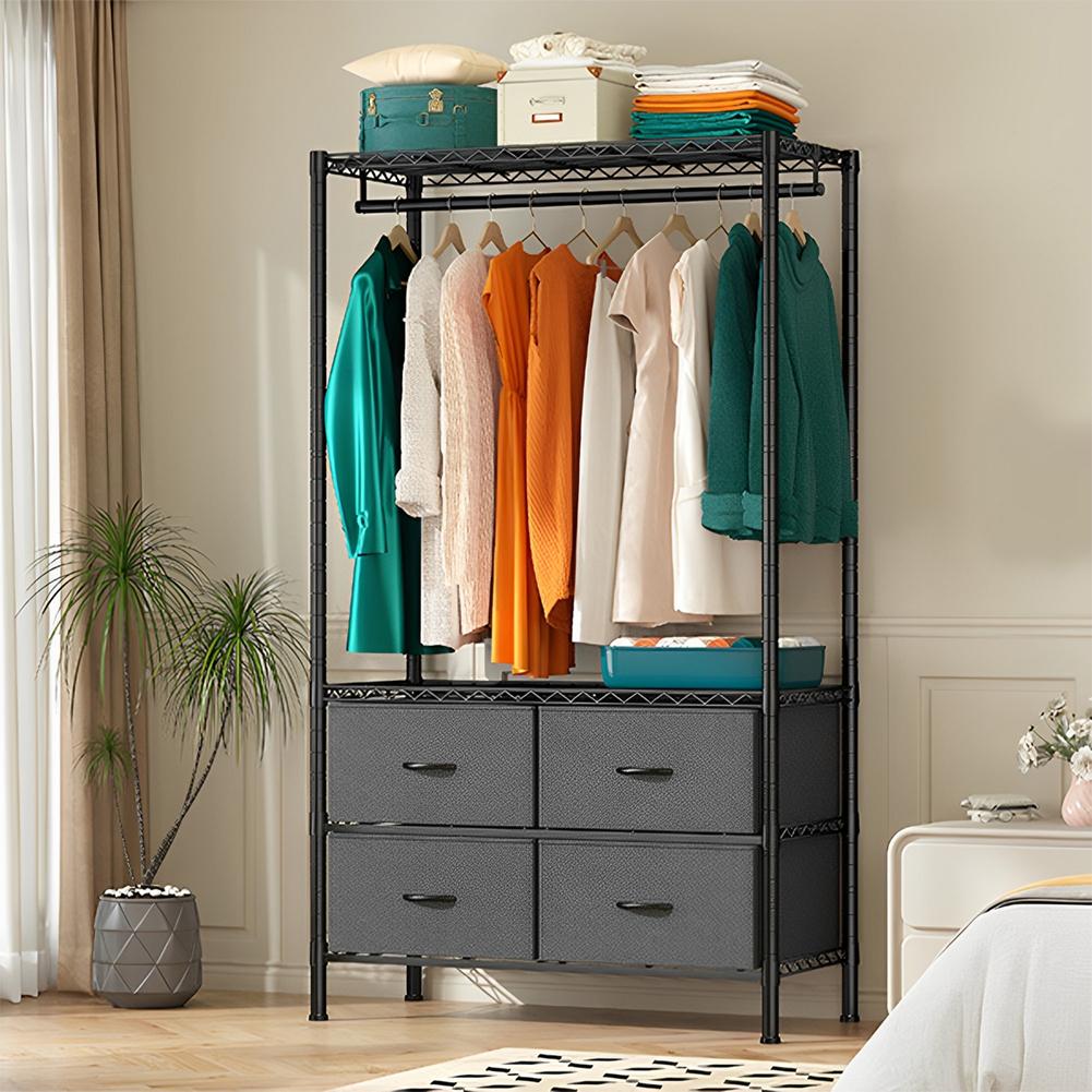 Heavy Duty Rolling Garment Rack Adjustable Wire Shelving with Rod, Storage Closet Clothing Rack with 4 Drawers Dark Grey