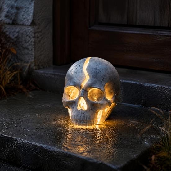 Gothic Theme Garden Statues Cracked Skull Solar Light, Halloween Glowing Outdoor Yard Decor, Spooky Waterproof Easy Installation Lawn Sculptures Lamp