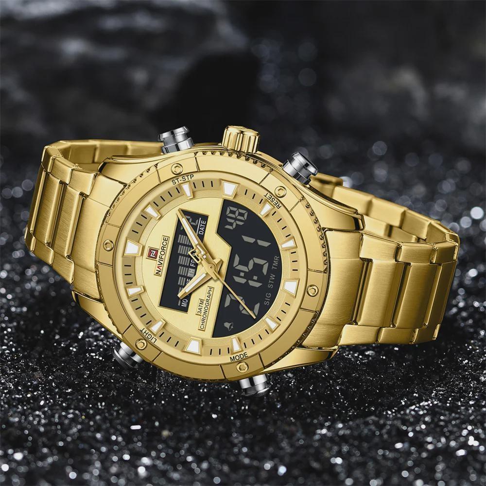 Herrenuhren Doppelanzeige Zeit Multifunktions-Countdown Sport-Alarmmodus Kreative Edelstahluhr Wasserdichte Uhr