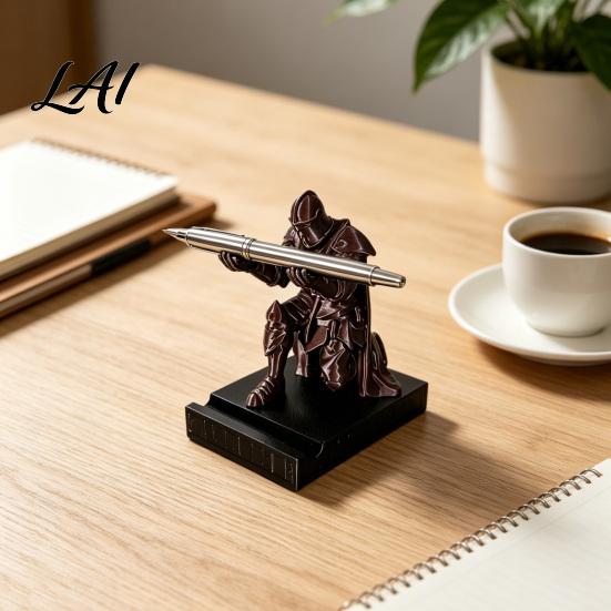 Scratch-resistant Desk Accessory Kneeling Knight Pen Holder 3D Printed Armor Warrior Unique Ninja Decor Organizer Executive Rest for Office,