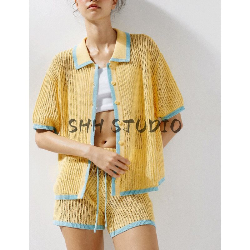 Simple Knitting Polo Collar Short Sleeve Jacket 3920260 Knitted High Waist Casual Shorts 3920261