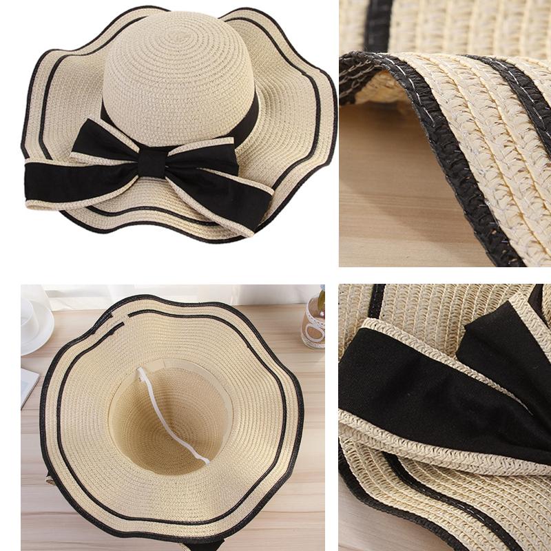Damen Sommer Sonnenhut Strand Schlapphut Breit Krempe Strohhut mit Schleife